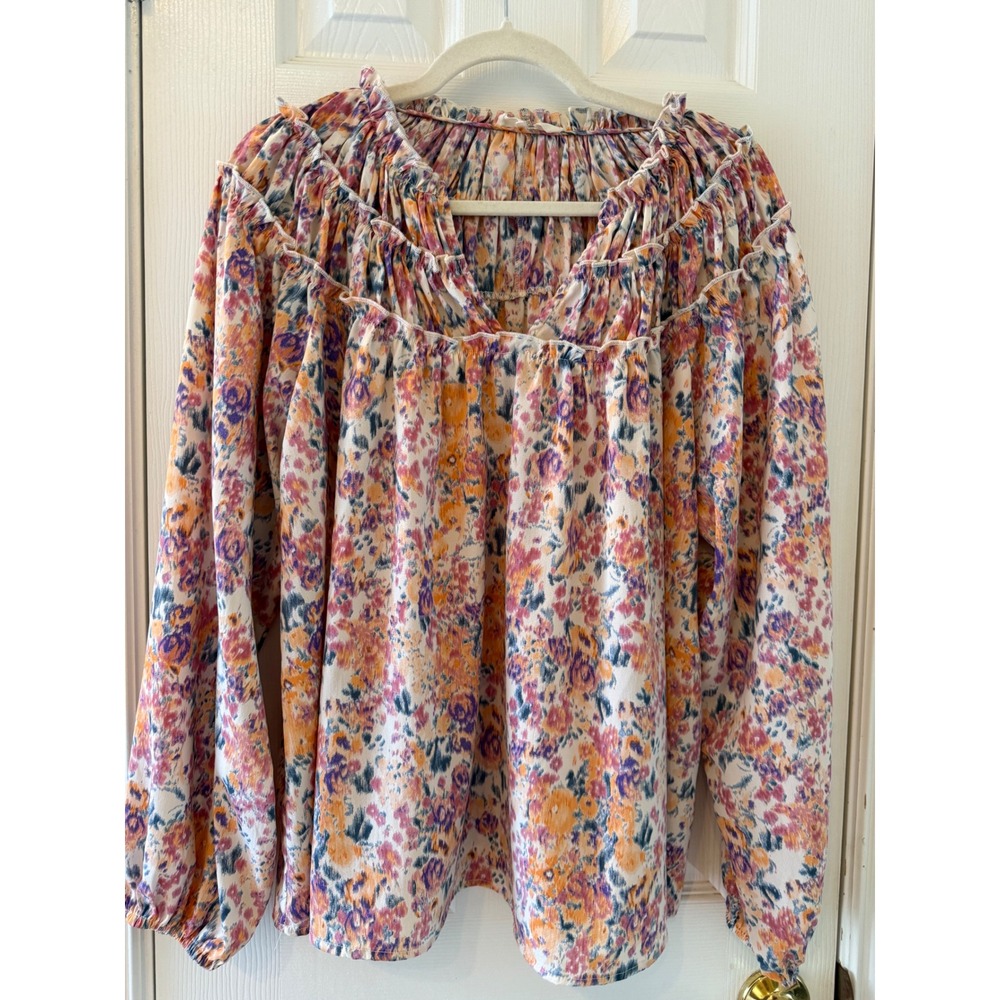 Entro Floral Print Ruffle Trim Long Sleeve Blouse Romantic Cottagecore Boho Chic